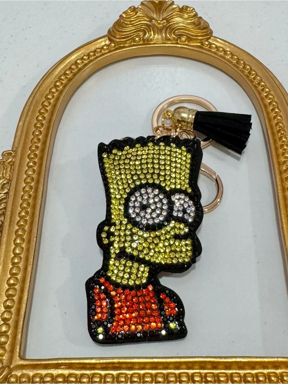 New Yellow Crystal Embellished Bart Simpson Keychain with Black Tassel
